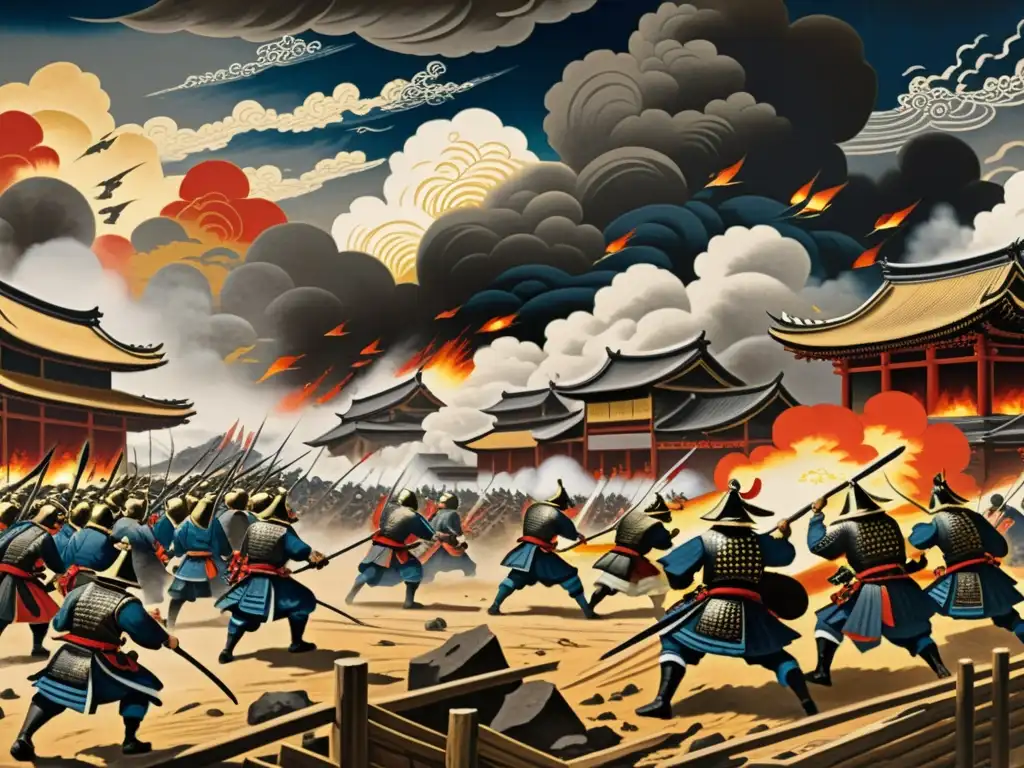 Vibrante pintura de batallas durante la Rebelión Hōgen, con guerreros en armadura tradicional luchando en medio de la destrucción