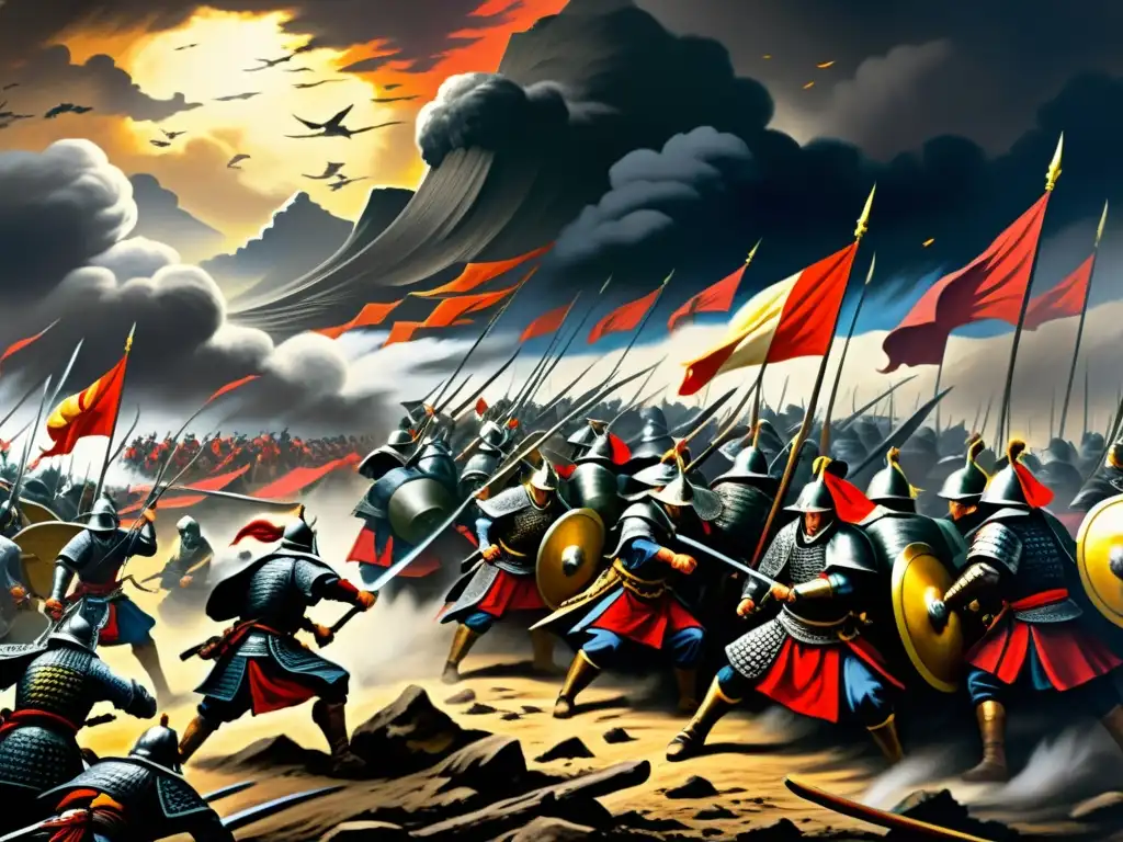 Vibrante pintura de la caída del Clan Heike Samurai en una batalla intensa y caótica, con guerreros, armaduras y banderas coloridas destacándose entre nubes oscuras y envueltas en niebla