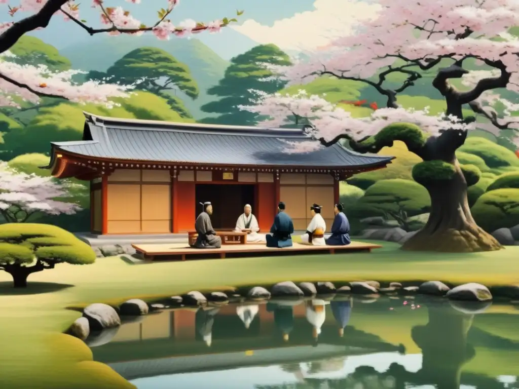 Vibrante pintura documental muestra el encuentro entre jesuitas y samuráis en un jardín japonés