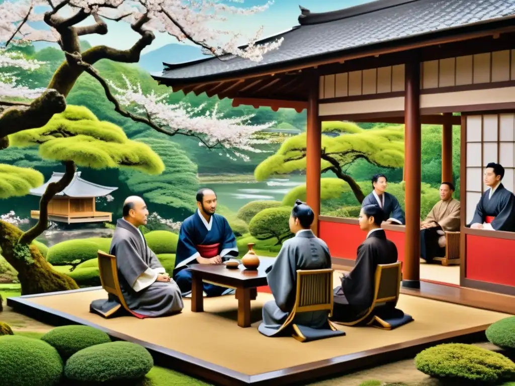 Vibrante pintura documental de Jesuitas y samuráis en un intenso intercambio cultural en una casa de té japonesa, rodeados de naturaleza exuberante