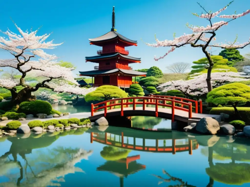 Vibrante pintura japonesa con jardín sereno, puente de madera, cerezos, pagoda y samurái en contemplación