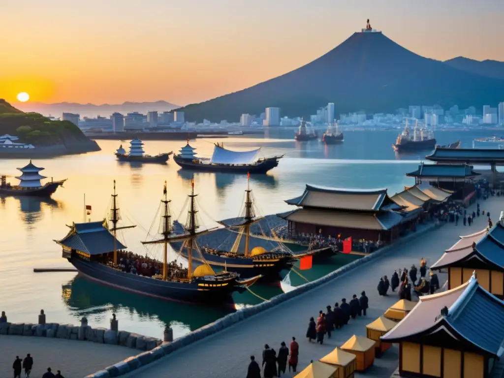 Vibrante puerto japonés al atardecer, con barcos de carga y puertos samuráis comercio internacional en una escena histórica frente al Monte Fuji