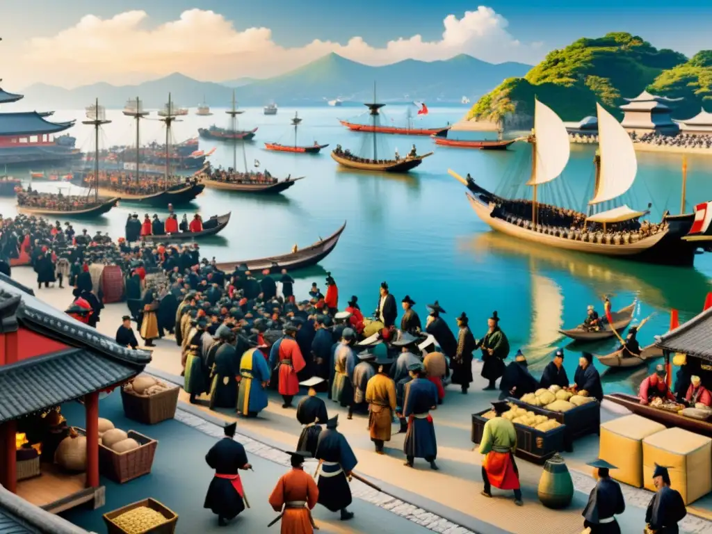 Intercambio cultural en un puerto japonés del siglo XVI Vibrante puerto japonés del siglo XVI con comercio samurái y Nanban: impacto comercio samurái