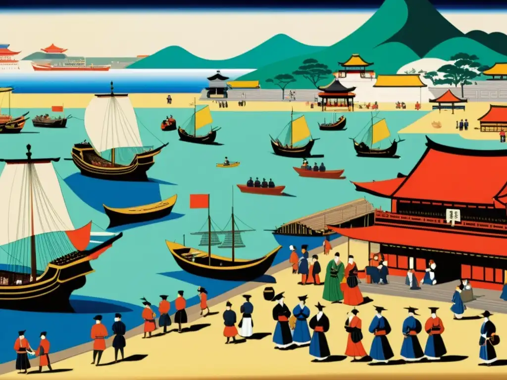 Comercio Nanban en el Puerto Japonés del Siglo XVII Vibrante puerto del Japón del siglo XVII con comercio entre samuráis y europeos, reflejando el impacto del comercio Nanban