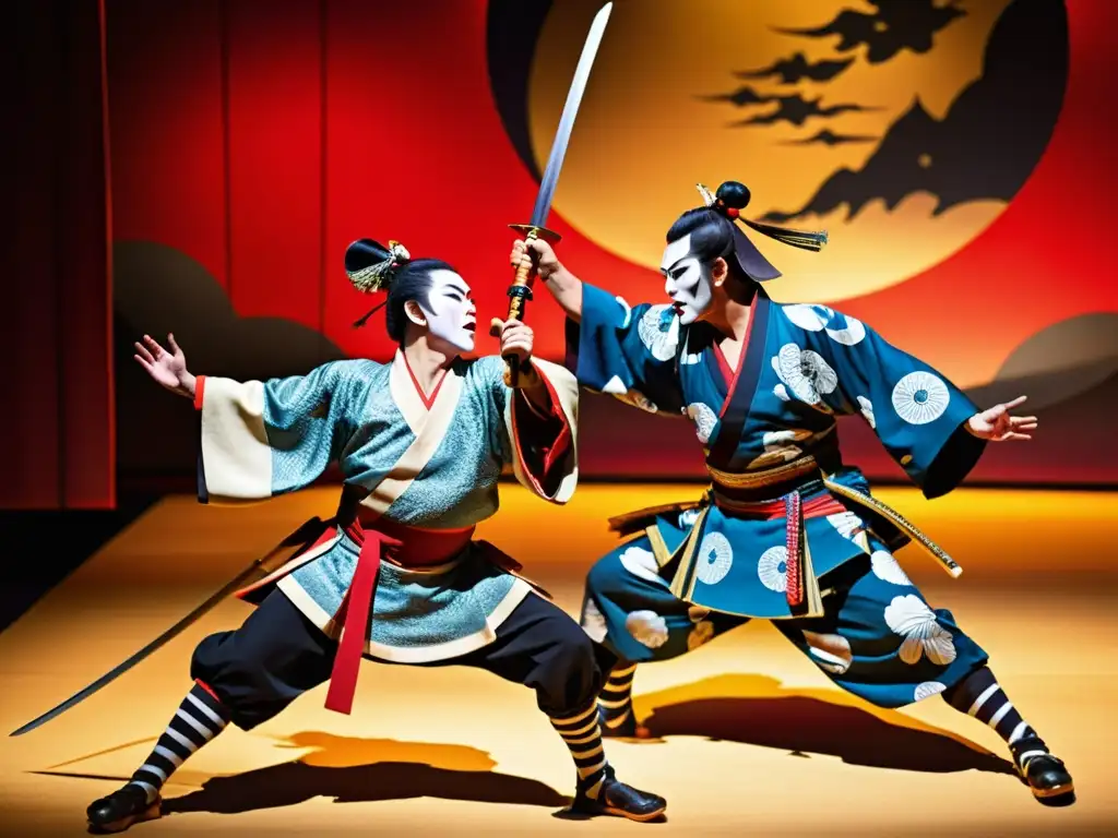 Vibrante representación de samuráis en drama japonés con intensa batalla y vestuario detallado en escenario de teatro kabuki