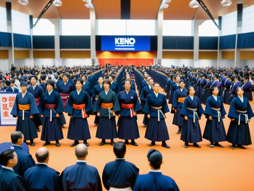 Convención vibrante con temática de kendo, donde se celebra la Importancia del Kendo en la cultura pop con entusiastas y cosplayers reunidos