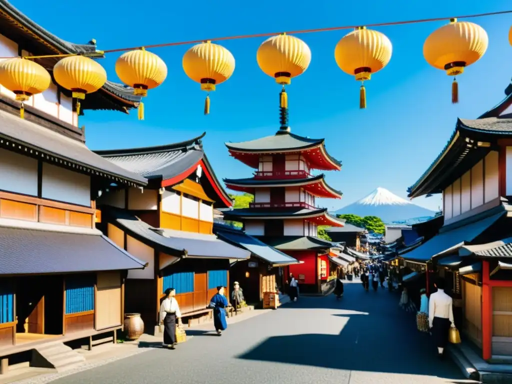 Vida cotidiana en un animado pueblo japonés del período Muromachi, con arquitectura tradicional y coloridas banderas