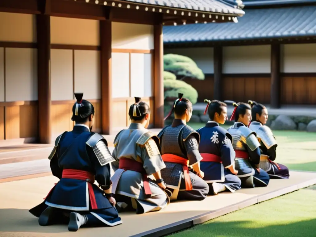 Vida cotidiana en dojo samurái: Entrenamiento intenso bajo la mirada del sensei en un patio soleado y tranquilo