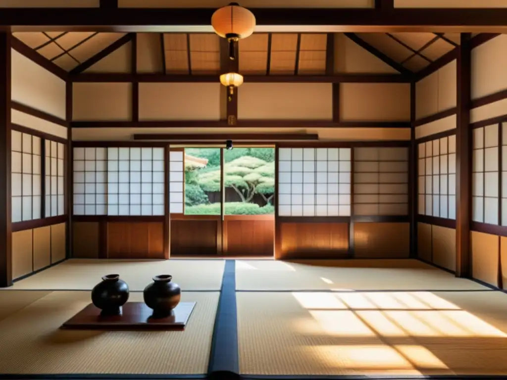 Vida cotidiana en dojo samurái: Detalles del dojo japonés tradicional con entrenamiento y armas, ambiente sereno y cálido