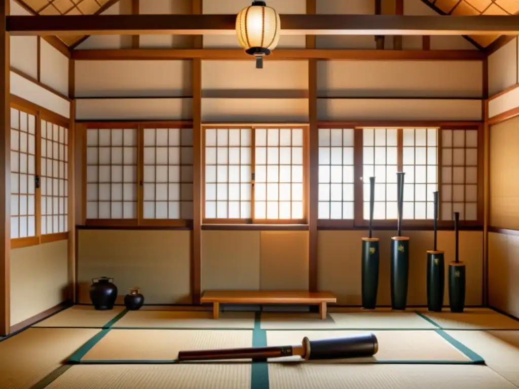 Vida cotidiana en dojo samurái: Entrenamiento y tradición en un ambiente sereno y auténtico, con armas de madera y tatamis