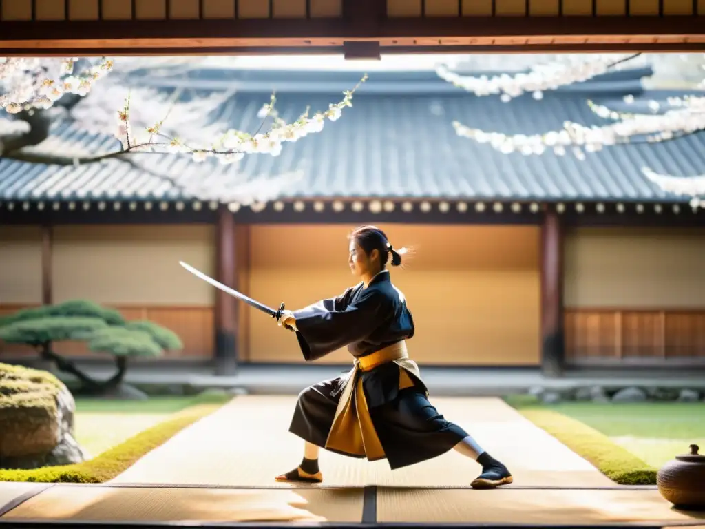 Vida cotidiana en dojo samurái: Entrenamiento intenso bajo la mirada sabia del sensei en un tranquilo patio japonés con cerezos en flor