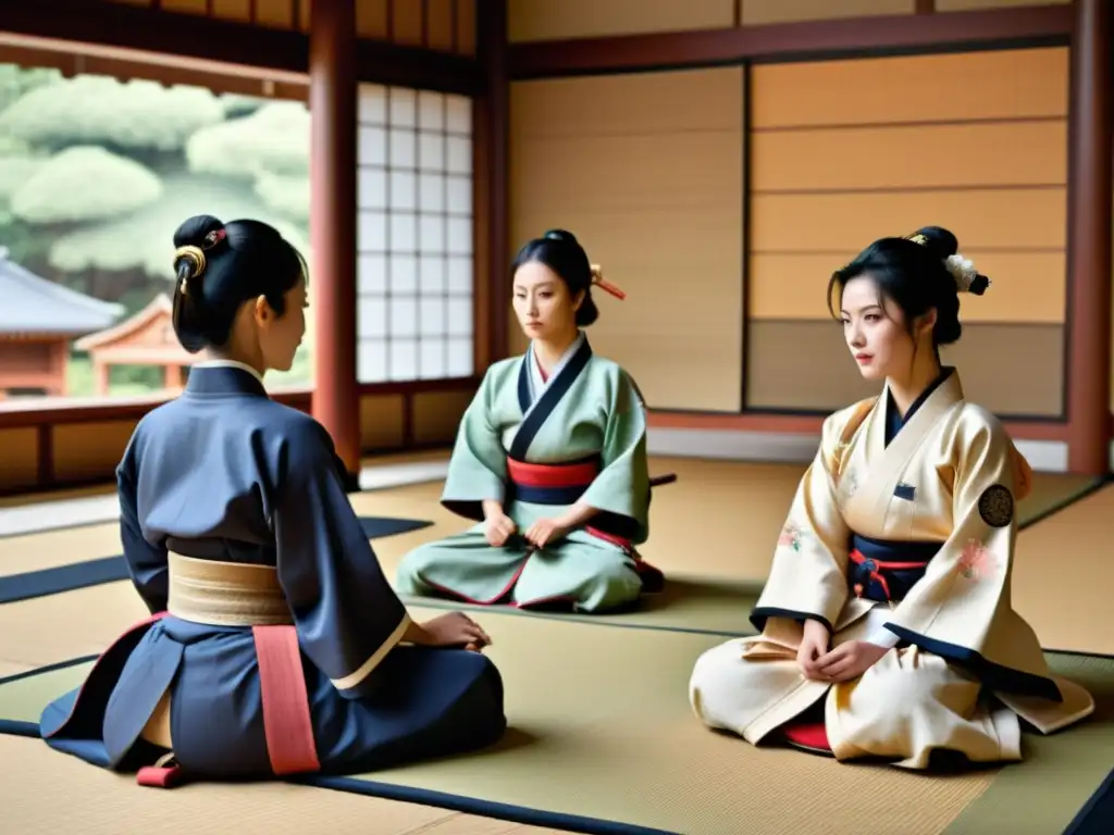 Vida de mujeres en la sociedad samurái: retrato detallado de actividades tradicionales y vestimenta en un entorno japonés histórico y cultural