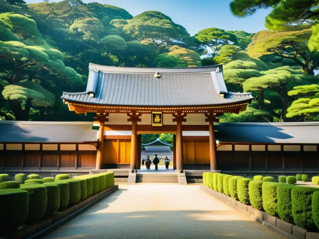 Vida de los Samuráis en la Era Meiji: Imagen documental de Meiji Jingu, con su arquitectura de madera, el gran torii y la exuberante vegetación, visitantes y la luz filtrándose entre los árboles