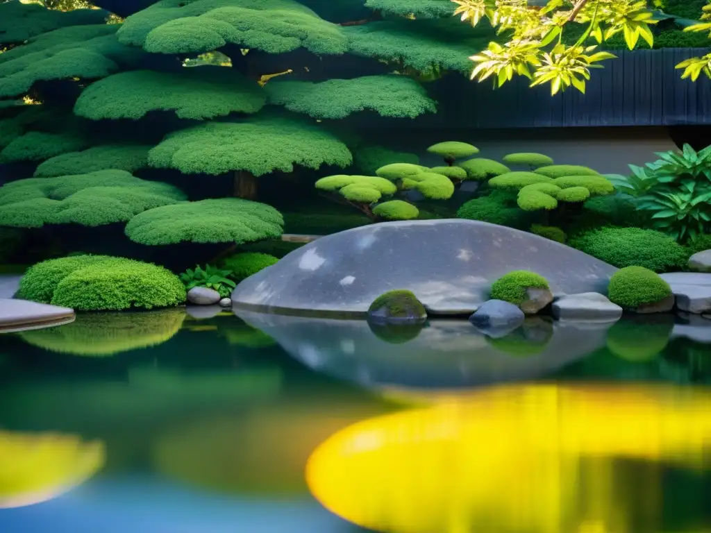 Vínculo jardines japoneses samuráis: Imagen de un jardín japonés tradicional con un estanque sereno y exuberante vegetación reflejada en el agua