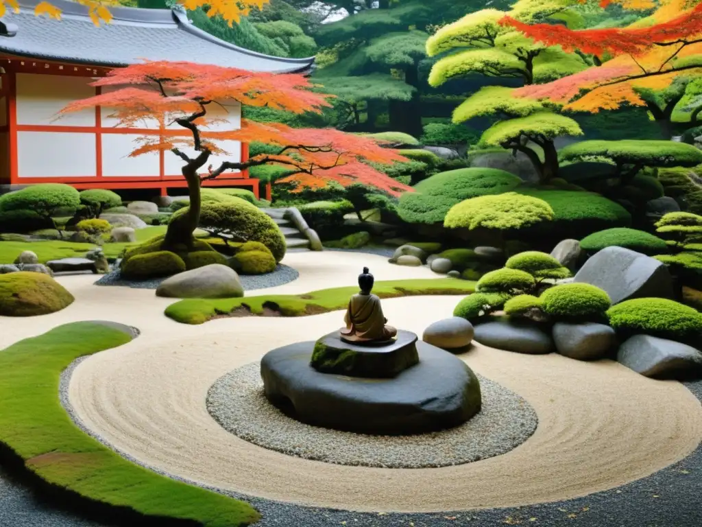 Vínculo jardines japoneses samuráis: Jardín japonés sereno con arquitectura tradicional, samurái y colores vibrantes de otoño