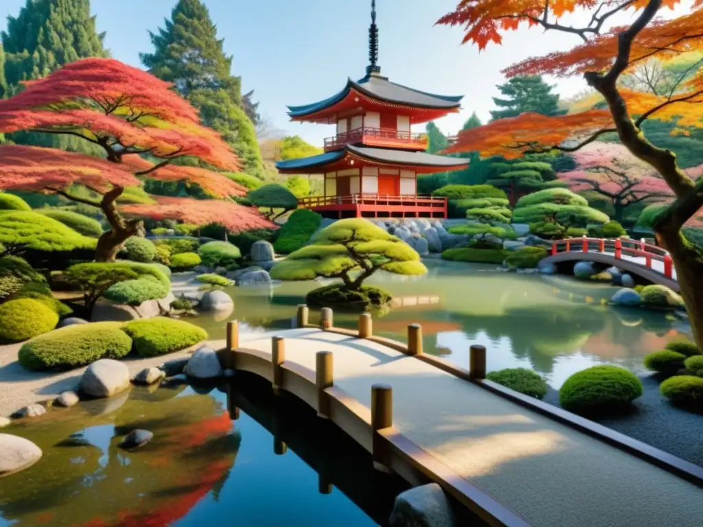 Vínculo jardines japoneses samuráis: Jardín japonés sereno con puente de madera, pagoda y figura samurái en contemplación