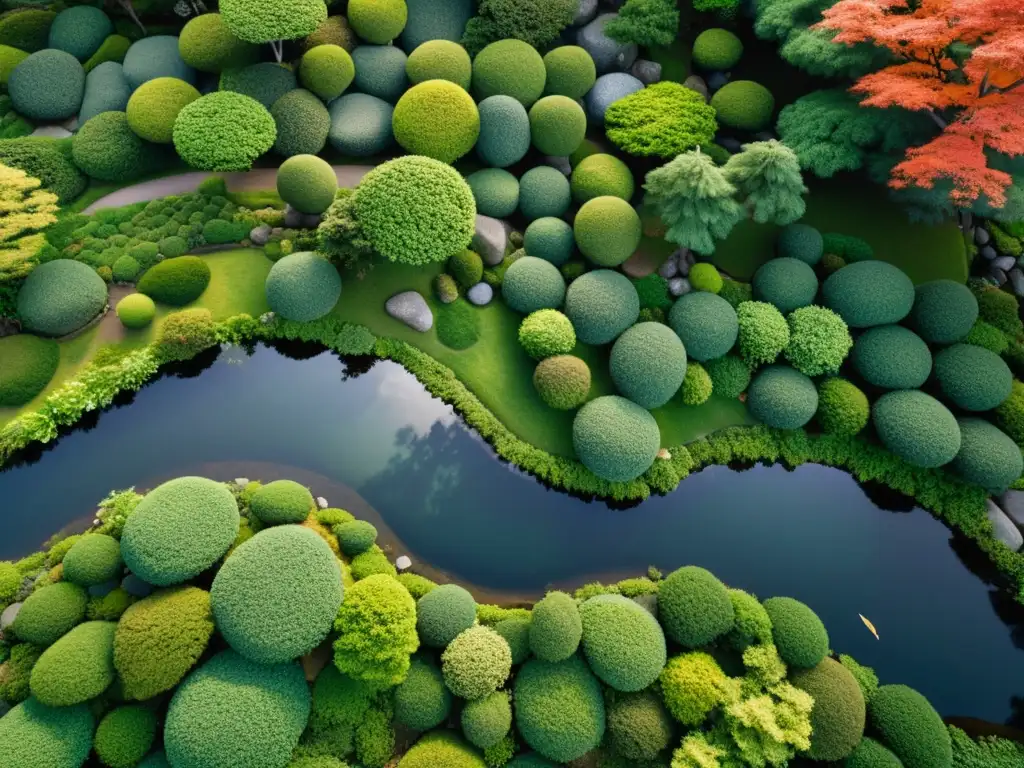 Vínculo jardines japoneses samuráis: fotografía aérea de jardín japonés tradicional con rocas, árboles podados, estanques y senderos