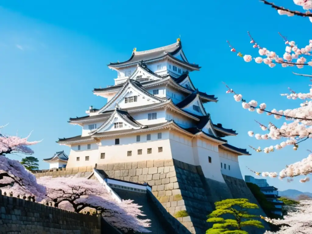 Una visión panorámica del impresionante Castillo de Himeji, rodeado de cerezos en flor