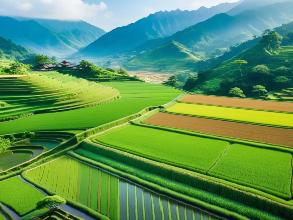 Vista aérea de arrozales japoneses en terrazas, con agricultores y un castillo histórico al fondo