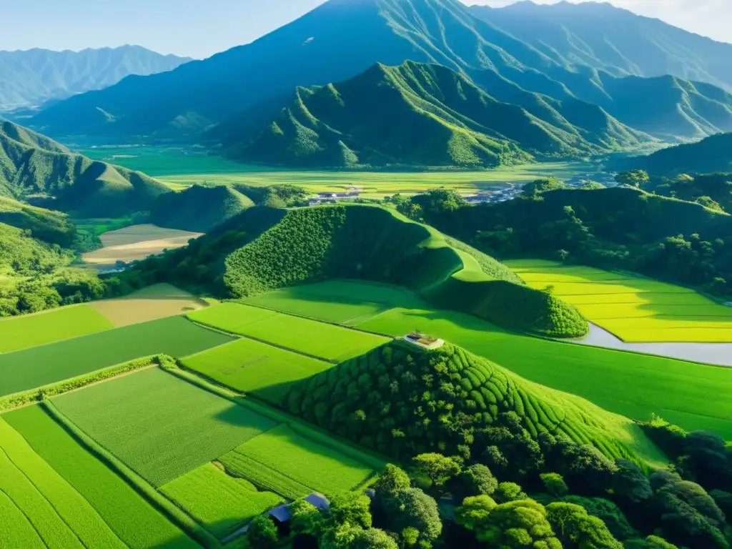 Vista aérea de los campos de arroz verdes y las montañas de Chiran, Japón, con un templo sereno entre los árboles