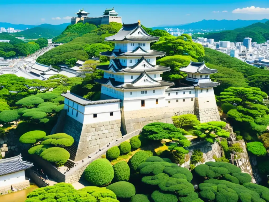 Castillo de Himeji: belleza histórica en Japón Vista aérea del Castillo de Himeji en Japón, con diseño intrincado, rodeado de exuberante vegetación