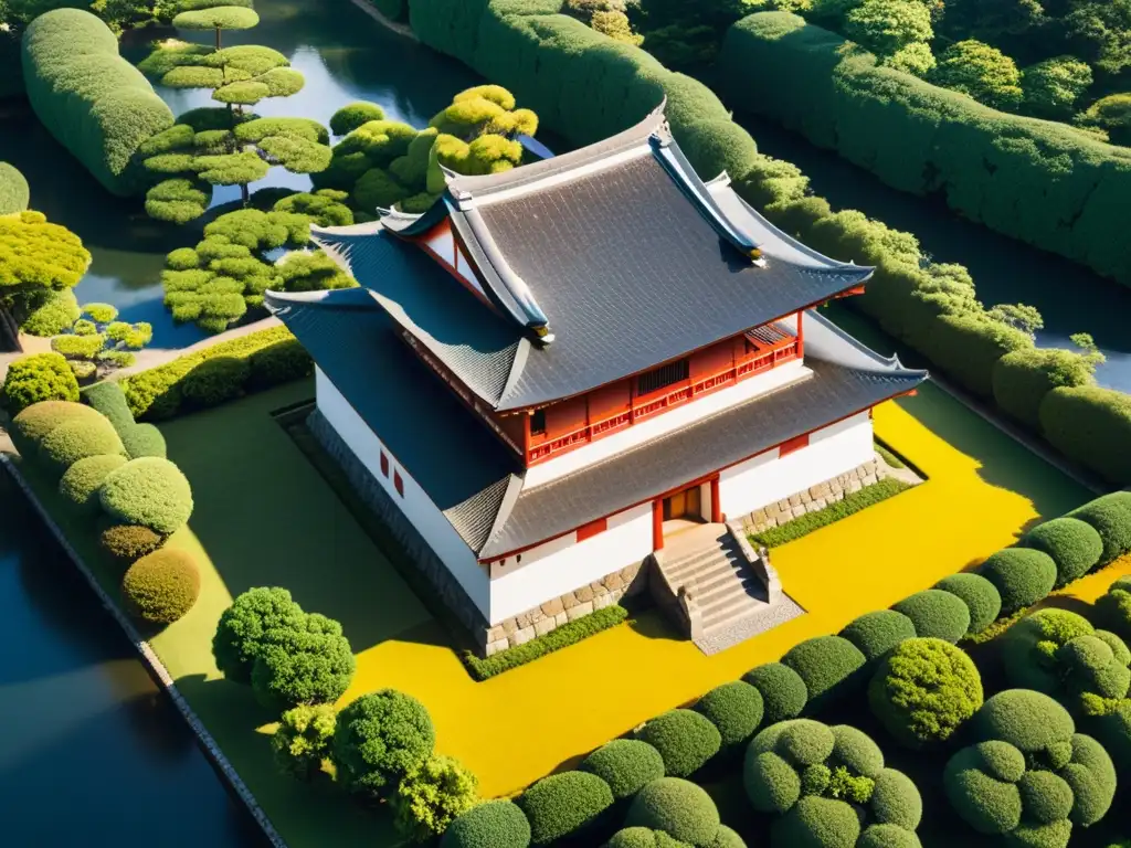 Vista aérea de un castillo japonés con jardines meticulosamente diseñados