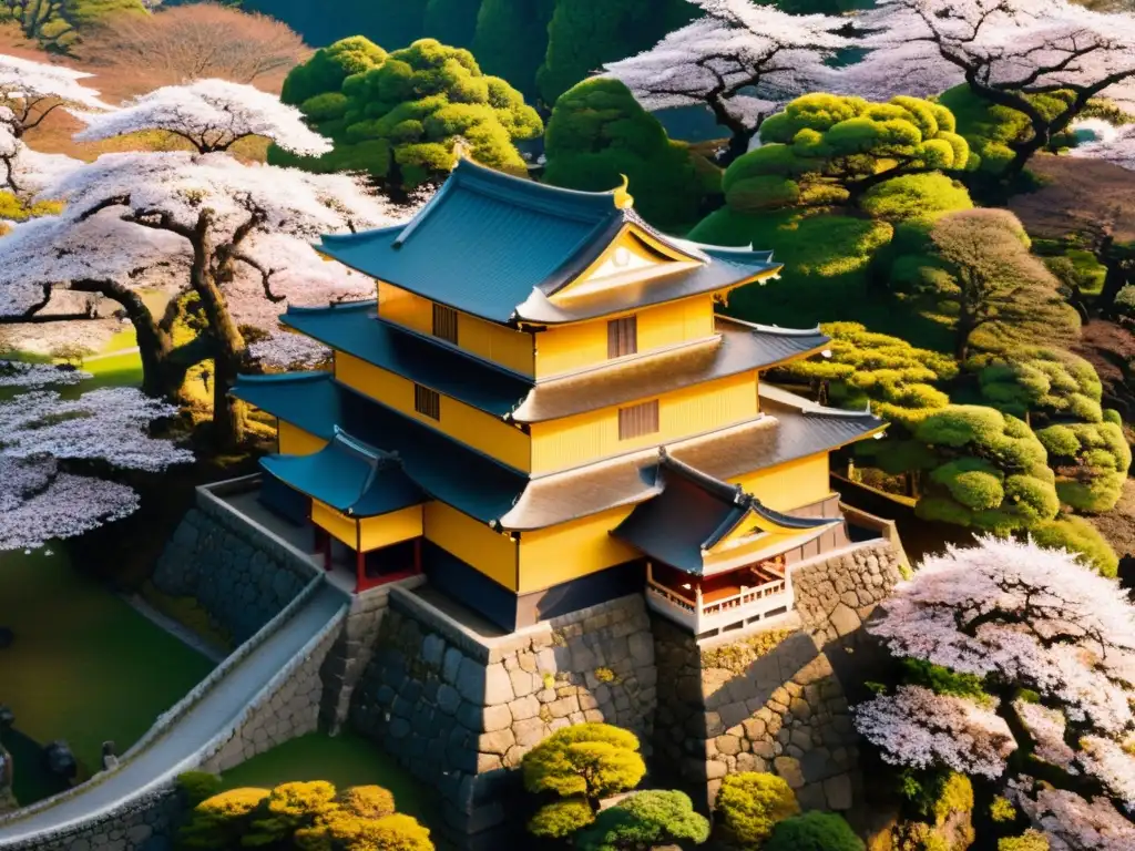 Vista aérea de un castillo japonés rodeado de cerezos en flor, bañado por la cálida luz del sol