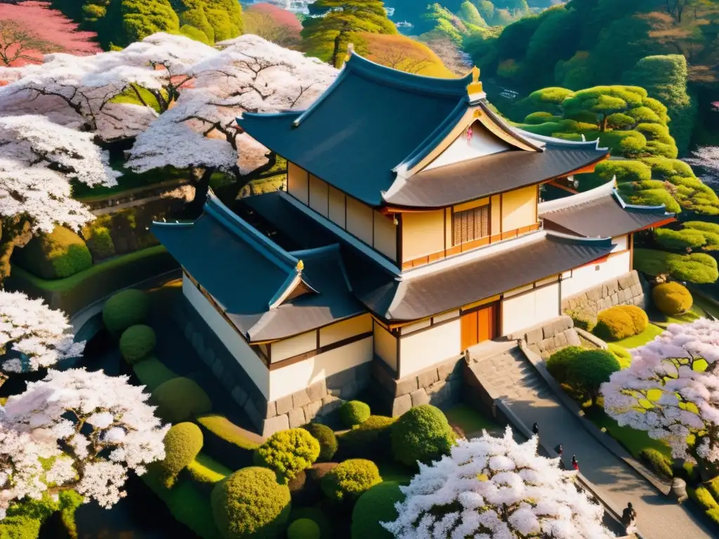 Una vista aérea de un castillo japonés rodeado de cerezos en flor, con arquitectura tradicional y paisaje exuberante