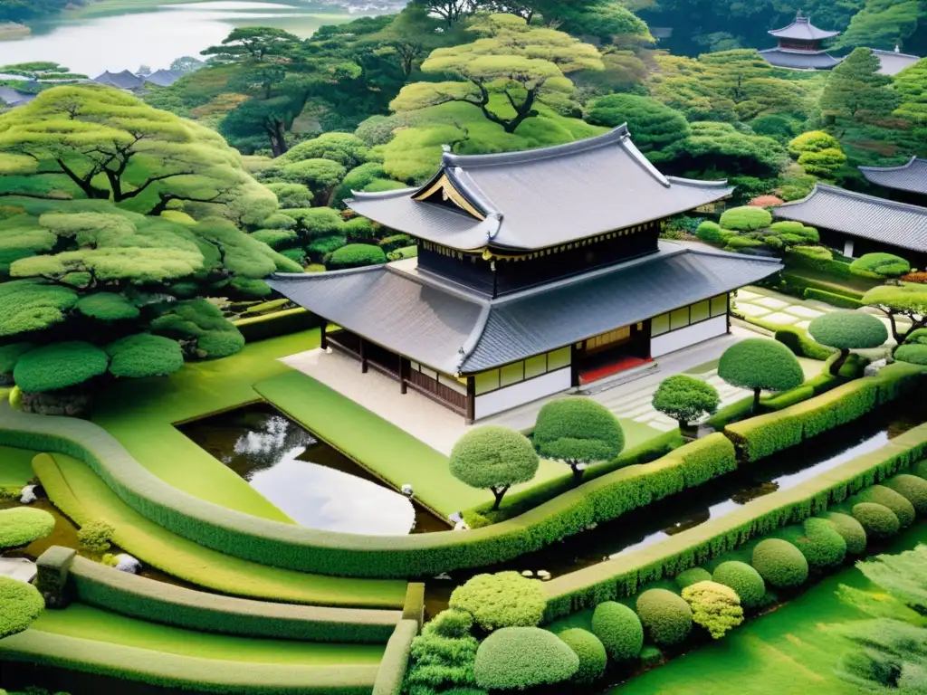 Vista aérea de un castillo samurái contemporáneo rodeado de exuberante paisaje, resaltando la influencia extranjera en su arquitectura