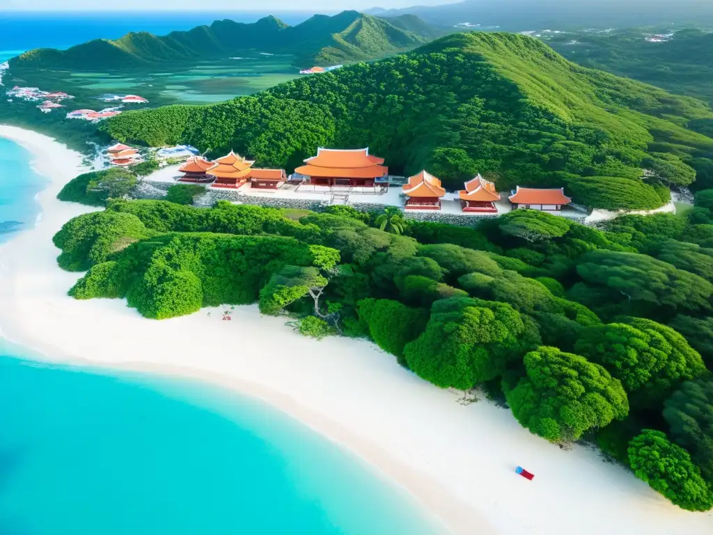 Vista aérea de la costa de Okinawa con aguas turquesa y ruinas del castillo al atardecer, evocando el espíritu del Bushido en Okinawa