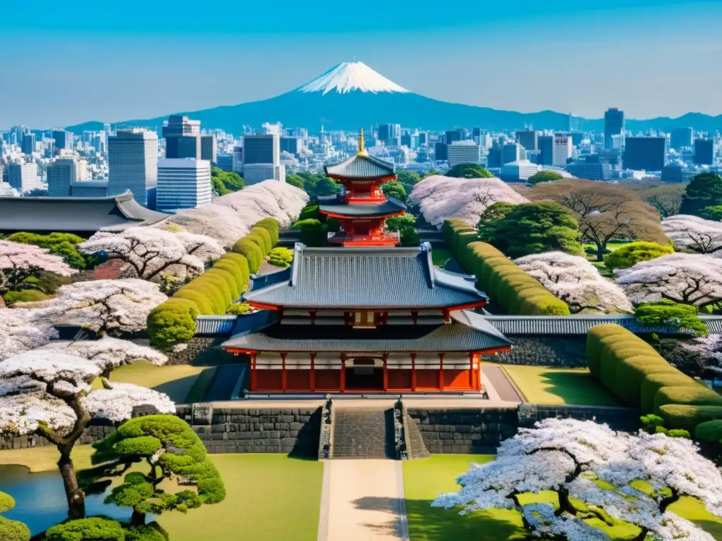 Vista aérea detallada del Palacio Imperial en Tokyo, Japón, con árboles de cerezo en flor y el skyline urbano