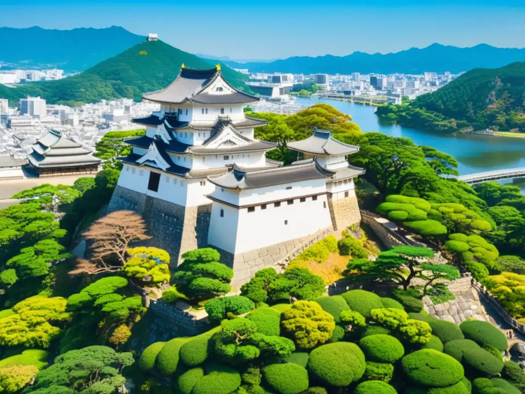 Vista aérea impactante del Castillo de Himeji, ejemplo de estética samurái