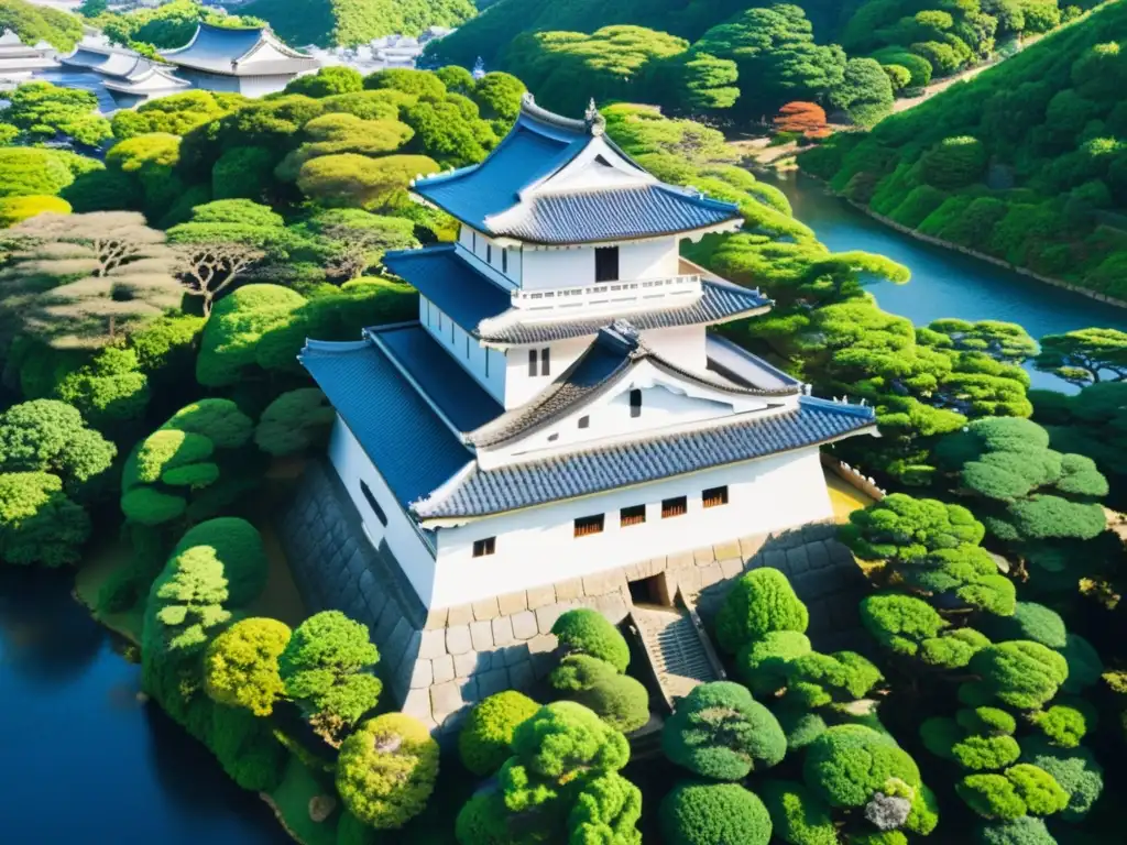 Vista aérea impactante del Castillo de Himeji, destacando su diseño e imponentes muros, rodeado de exuberante vegetación y cielo azul