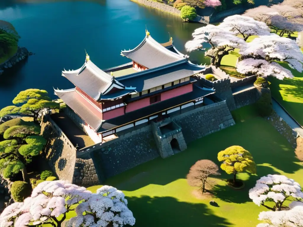 Vista aérea del imponente Castillo de Kumamoto al amanecer, rodeado de cerezos en flor y contrastado con la moderna ciudad, destacando la cultura samurái en la actualidad