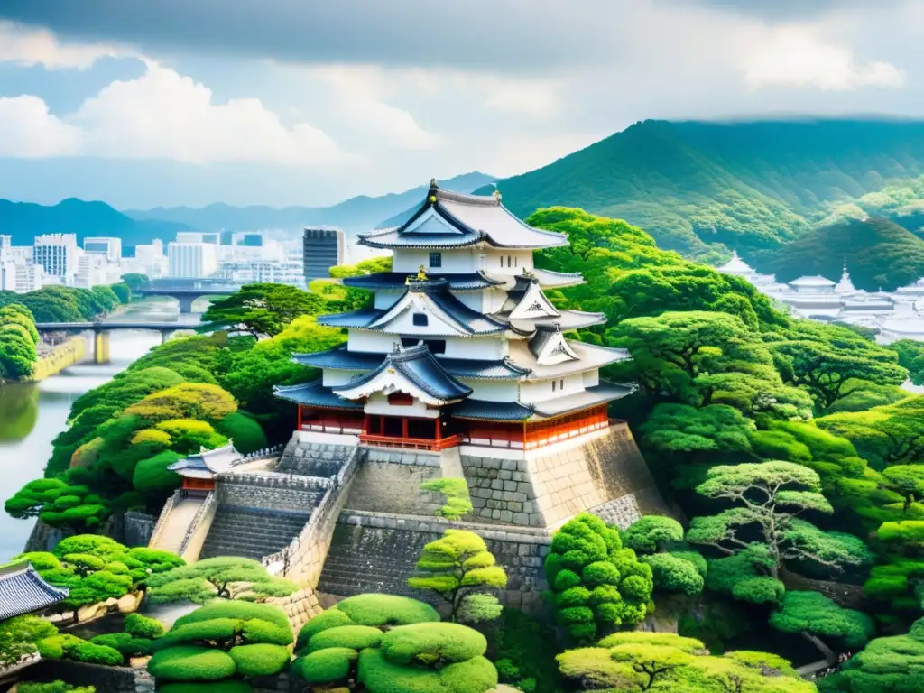 Vista aérea del impresionante Castillo de Himeji, Patrimonio Mundial de la UNESCO, con su arquitectura defensiva y exuberante entorno natural, capturando la esencia de su importancia histórica y diseño defensivo inspirado en castillos samuráis y fortalezas extranjeras