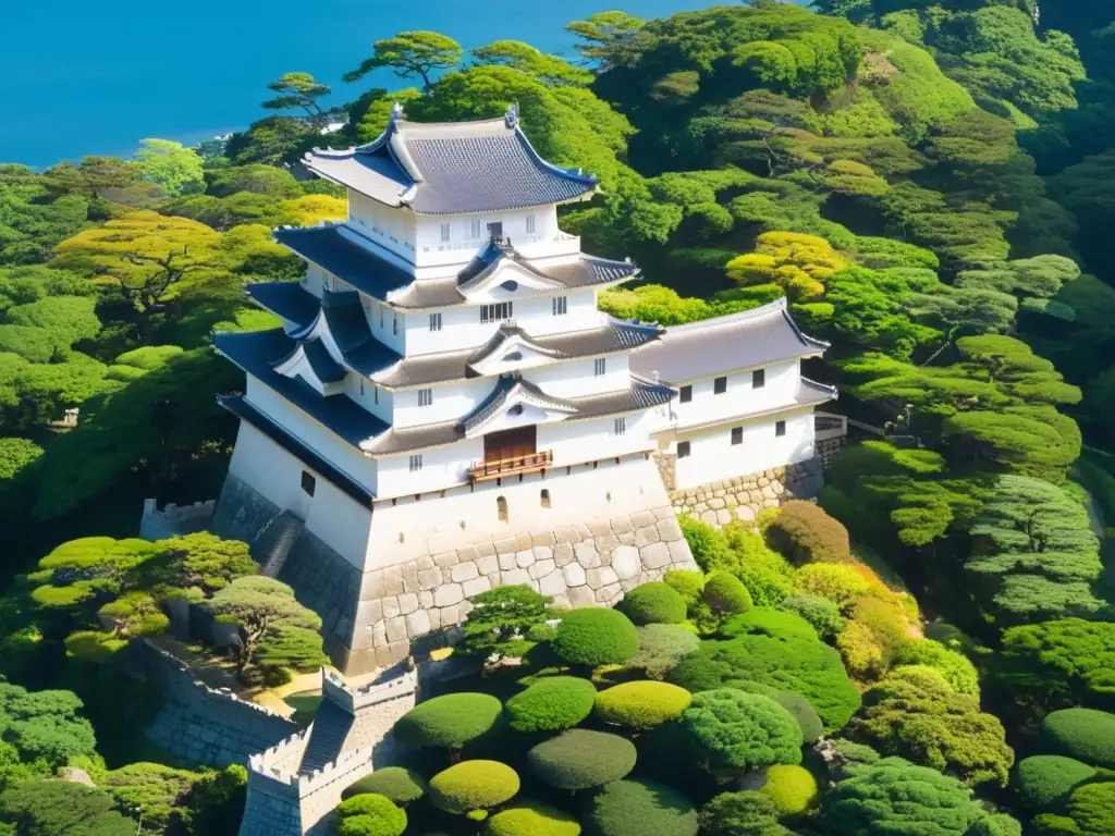 Vista aérea impresionante del Castillo Himeji, rodeado de exuberante vegetación