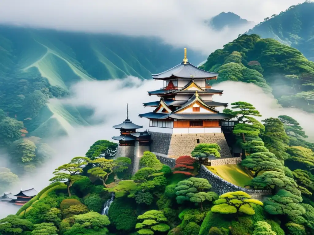 Vista aérea impresionante del castillo japonés con la imponente torre Tenshu en un paisaje montañoso