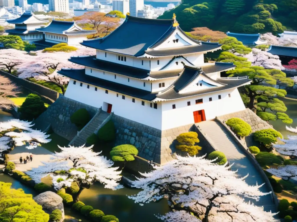 Una vista aérea impresionante del Castillo de Himeji en Japón, rodeado de árboles de cerezo