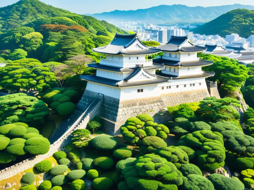 Vista aérea impresionante del Castillo de Himeji, con sus murallas fortificadas, elegantes torres y exuberantes jardines