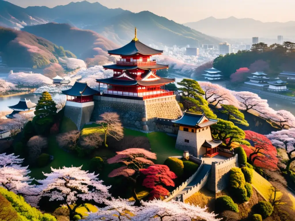 Vista aérea impresionante de un castillo samurái rodeado de cerezos en flor y montañas neblinosas, evocando la vida día a día en castillo samurai