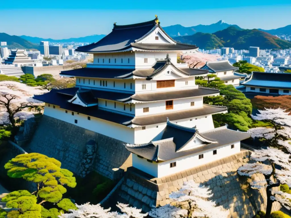 Vista aérea impresionante del Castillo Himeji en Japón, con árboles de cerezo en flor y visitantes con trajes de samurái