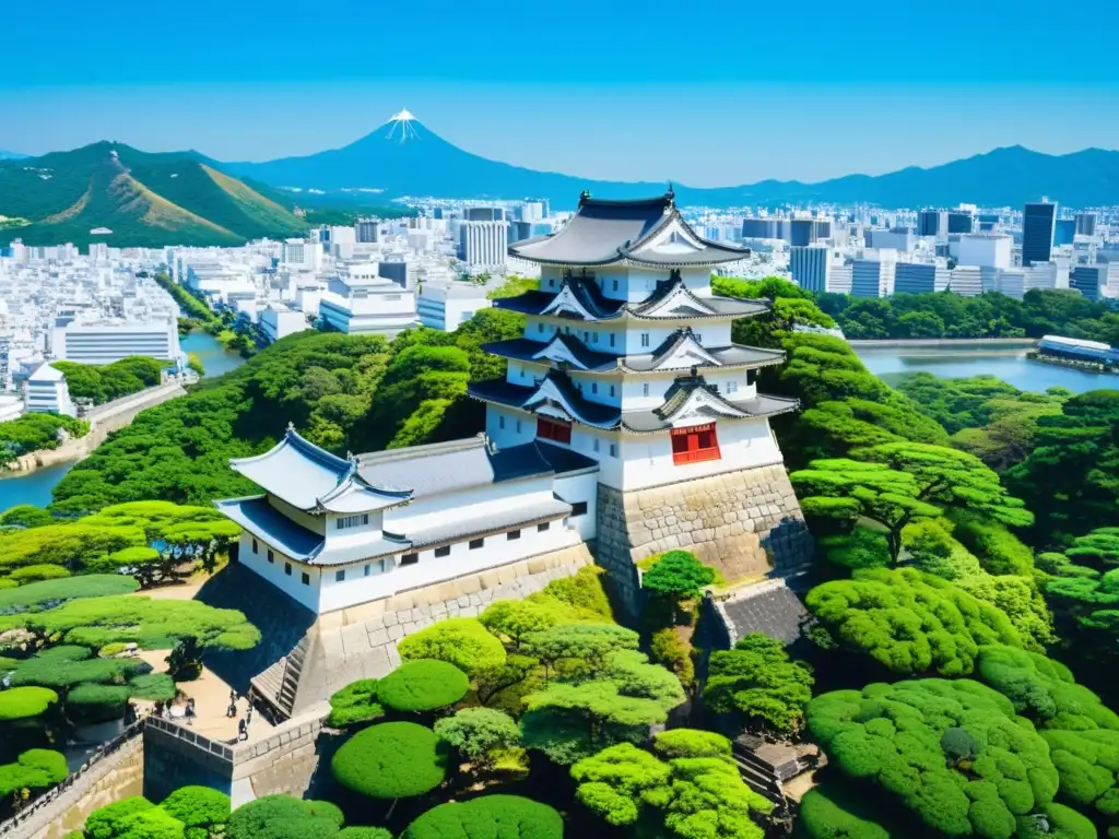 Vista aérea impresionante del Castillo de Himeji, influencia extranjera arquitectura castillos samurái, majestuoso y significativo