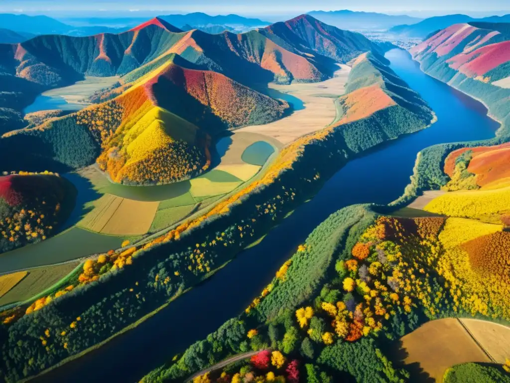 Vista aérea impresionante de Echigo en otoño con el río serpenteante y las montañas misteriosas