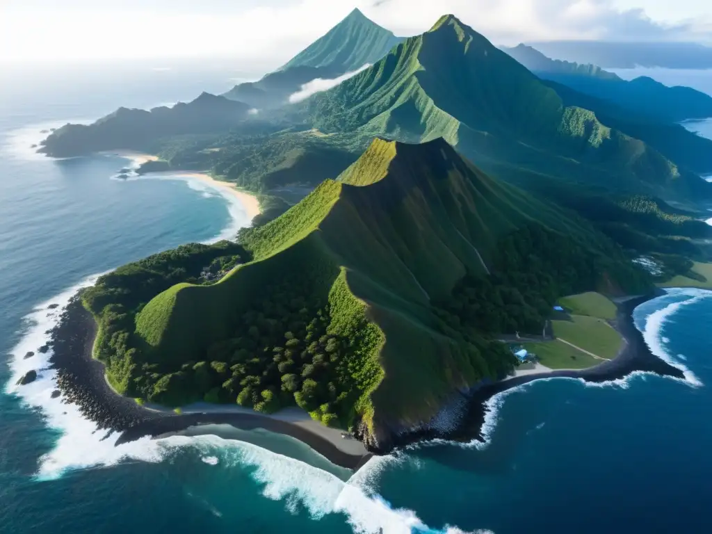 Vista aérea de la Isla MenashiKunashir cubierta de niebla con el Monte Atosanupuri al fondo, guerreros Ainu y samuráis en primer plano, mostrando el Levantamiento Ainu participación samurái