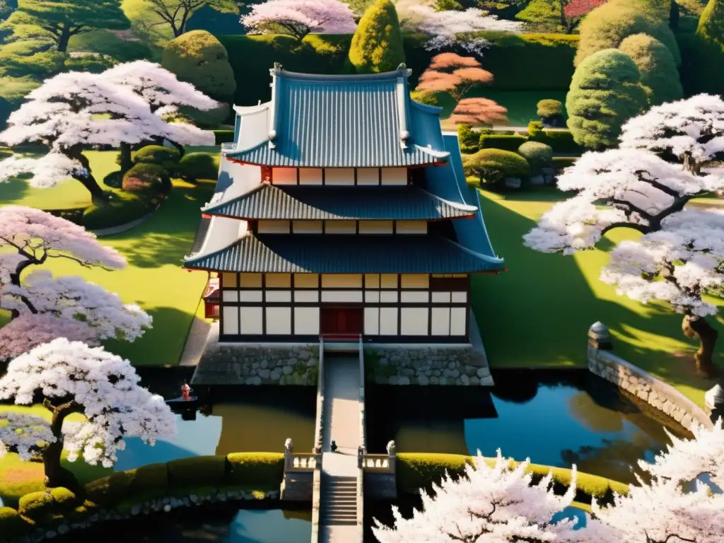 Vista aérea de un majestuoso castillo japonés rodeado de cerezos en flor y un tranquilo foso