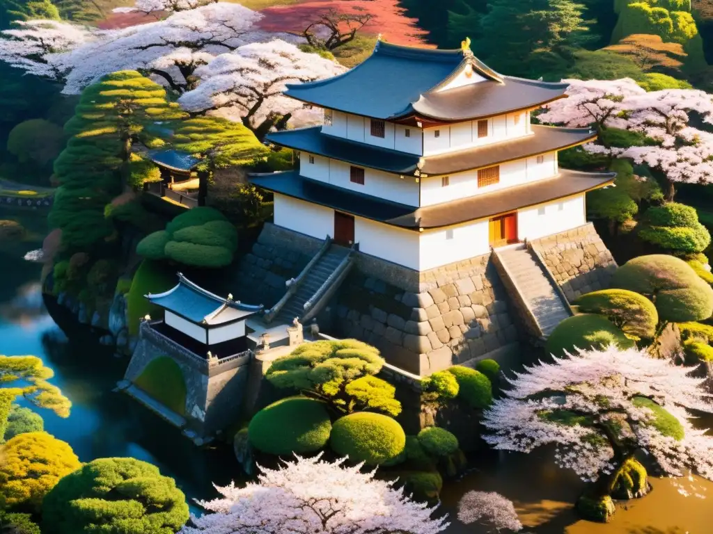 Vista aérea de un majestuoso castillo japonés rodeado de cerezos en flor, con detalles arquitectónicos y paisajes exuberantes