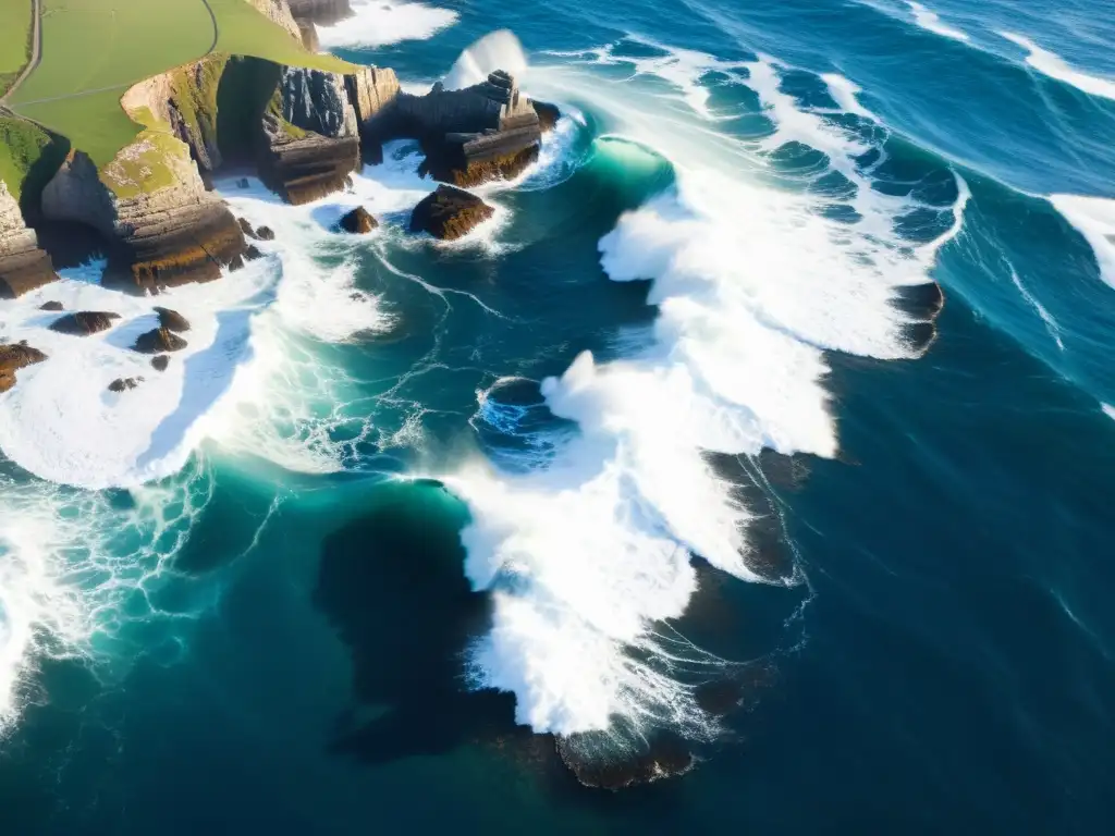 Vista aérea del mar violento con olas rompiendo en la costa rocosa