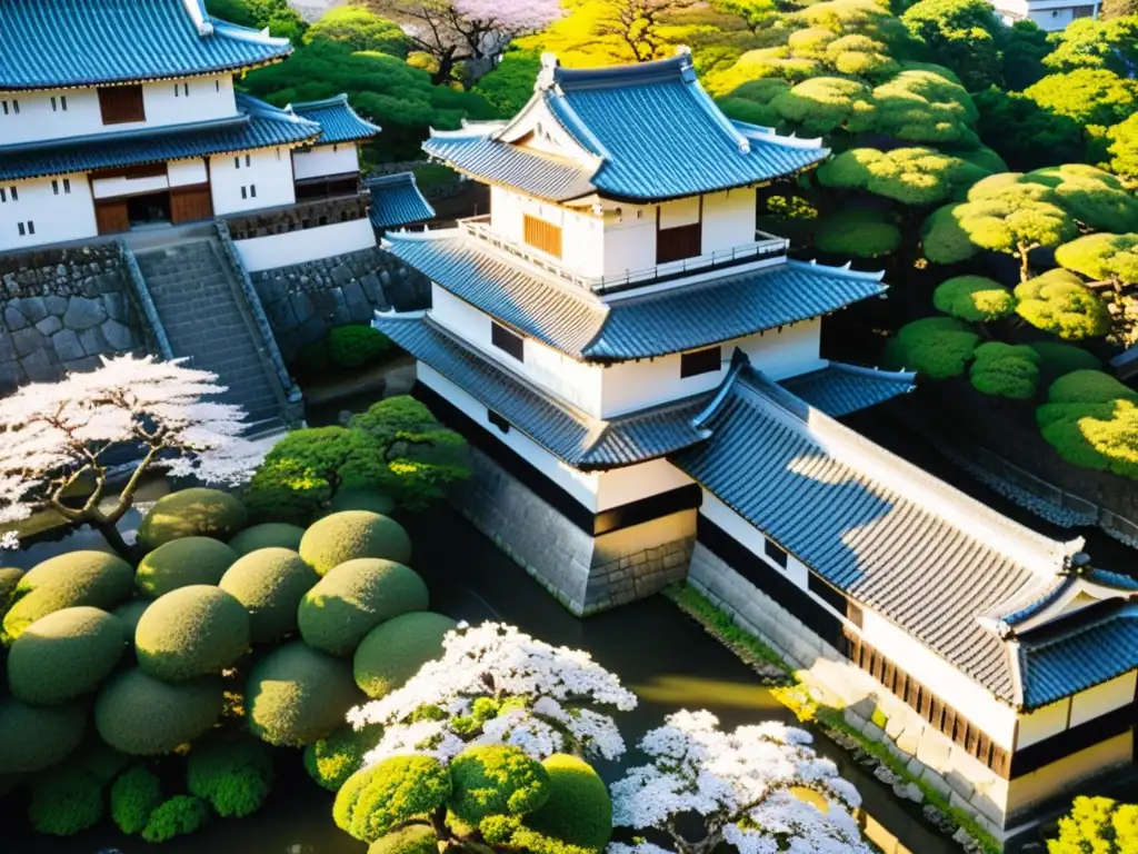 Vista aérea de Himeji Castle, con sus muros blancos y torres, rodeado de un foso