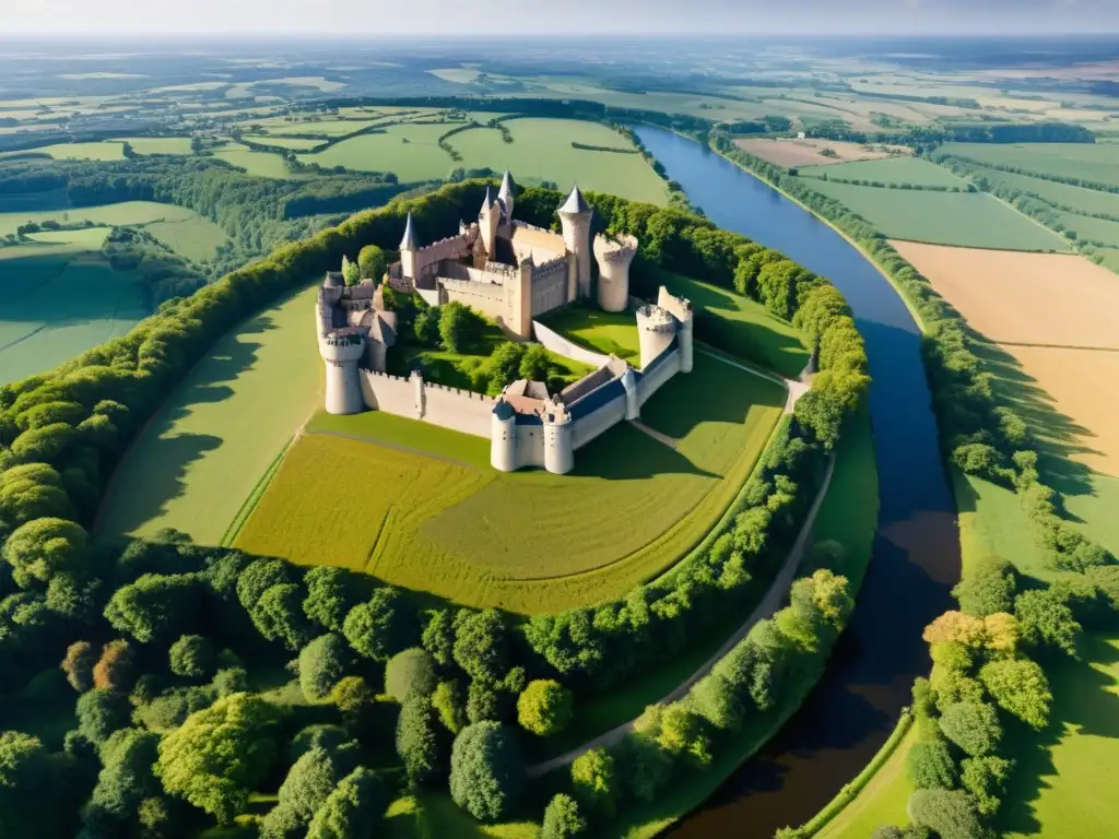 Castillos feudales en paisaje impresionante Vista aérea de paisaje feudal con castillos samurái estratégicos, rodeados de bosques y ríos, reflejando su estatus social