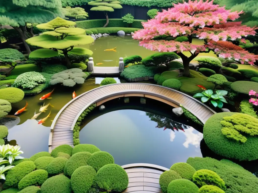 Vista aérea de jardín japonés con residencias privadas de antiguos samuráis, estanque con peces koi y exuberante vegetación